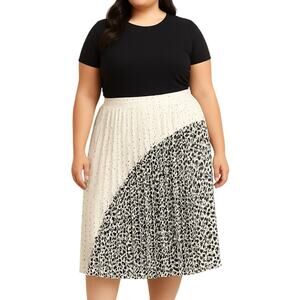 INA Black & White Leopard Print Pleated Lined Midi Skirt | Plus Size 3XL | NWOT